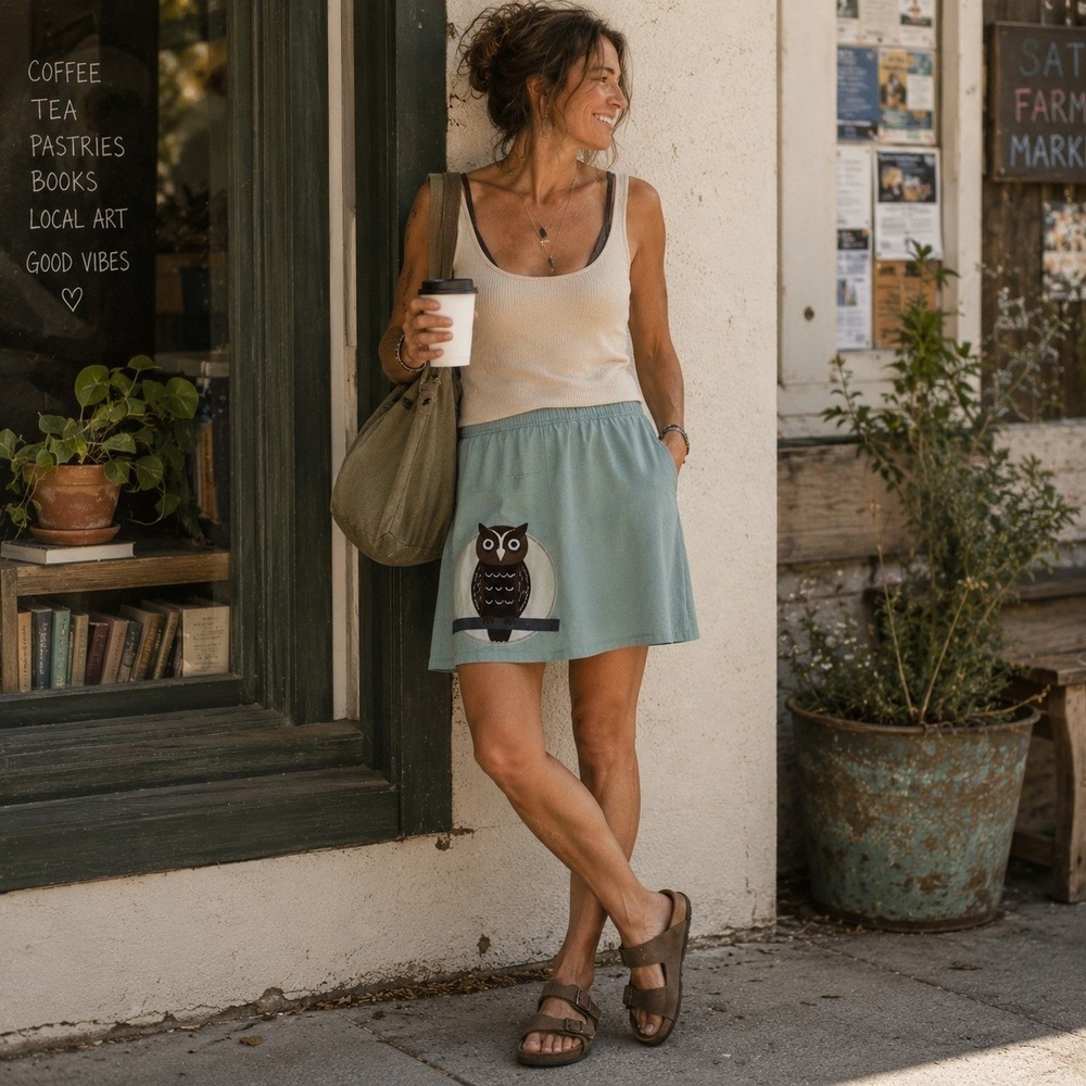 Synergy Organic Clothing Owl Appliqué Sage Green Boho Artsy Eco Skirt Medium